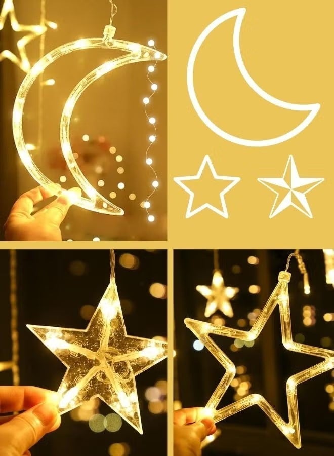 اضاءة رمضان LED بتصميم النجمة والهلال – ستارة ولمبات إضاءة بطول 3.5 متر، لون أبيض دافئ، زينة رمضان والعيد للمنزل وغرفة النوم والنوافذ، 8 أوضاع إضاءة، قابس ثلاثي UK - view 4